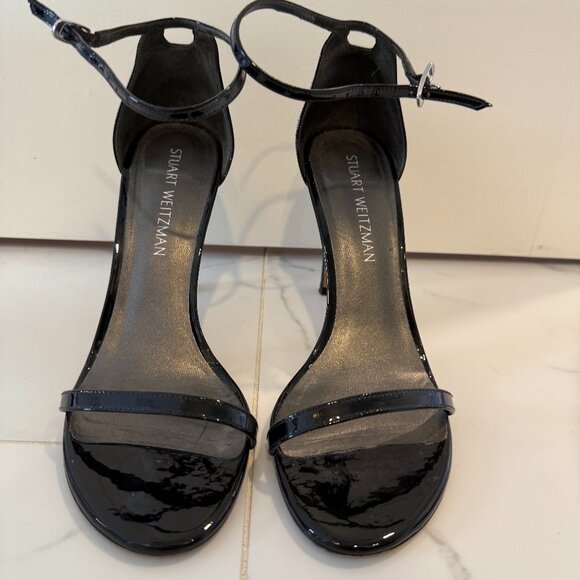Stuart Weitzman 'Nudist' 100 MM Sandal Black Patent Leather size 9 - Picture 1 of 5